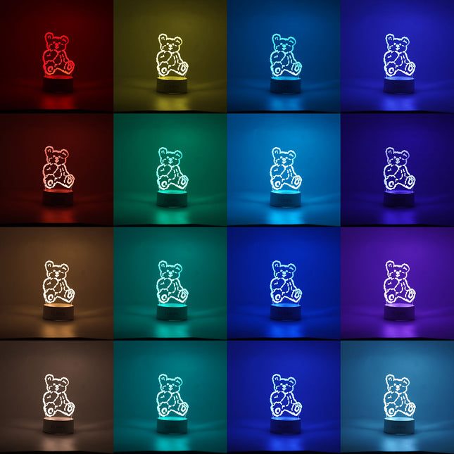 Lampa LED decorativa, 3D, Ursulet, cu telecomanda, doua moduri de alimentare USB si baterii, inaltime, din material acril si lumina multicolora