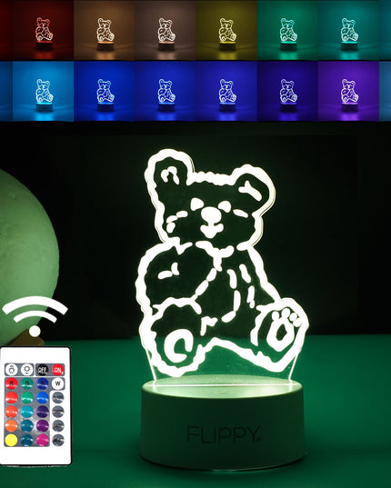 Lampa LED decorativa, 3D, Ursulet, cu telecomanda, doua moduri de alimentare USB si baterii, inaltime, din material acril si lumina multicolora