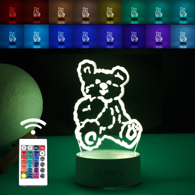 Lampa LED decorativa, 3D, Ursulet, cu telecomanda, doua moduri de alimentare USB si baterii, inaltime, din material acril si lumina multicolora