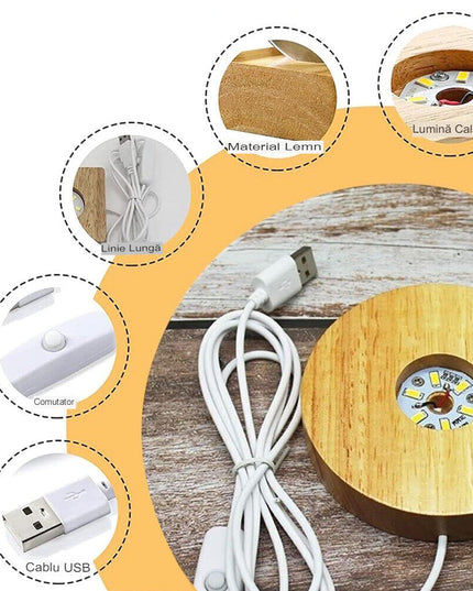 Lampa LED Decorativa, cu Bila de Cristal cu Diametru , Model Brad de Craciun 3D, Alimentare USB, Suport din Lemn, Lumina