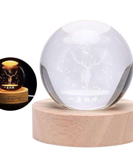 Lampa LED Decorativa, cu Bila de Cristal cu Diametru , Model Cerb 3D, Alimentare USB, Suport din Lemn, Lumina