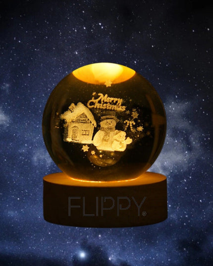 Lampa LED Decorativa, cu Bila de Cristal cu Diametru , Model Merry Christmas 3D, Alimentare USB, Suport din Lemn, Lumina