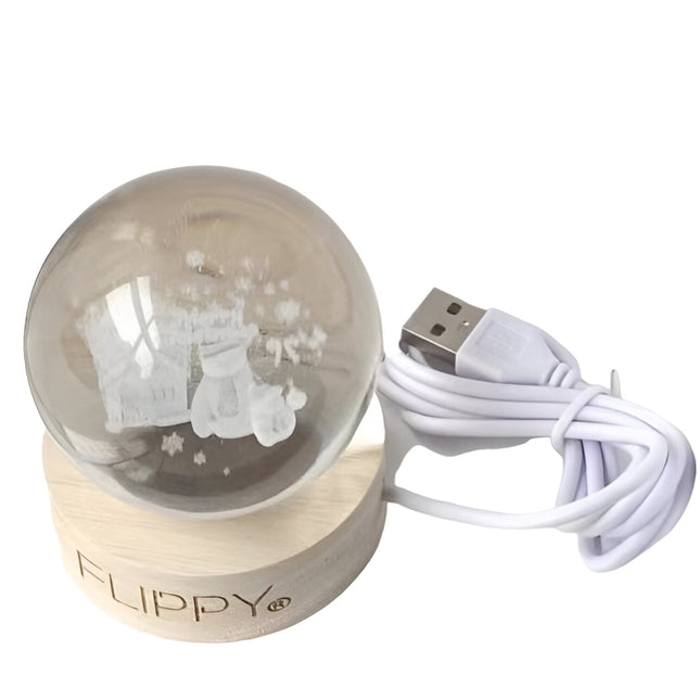 Lampa LED Decorativa, cu Bila de Cristal cu Diametru , Model Merry Christmas 3D, Alimentare USB, Suport din Lemn, Lumina
