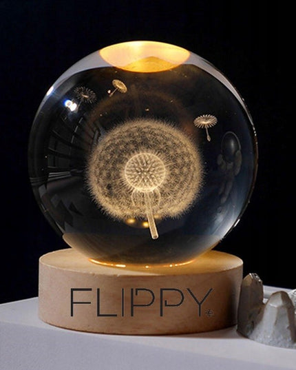 Lampa LED Decorativa, cu Bila de Cristal cu Diametru , Model Papadie 3D, Alimentare USB, Suport din Lemn, Lumina