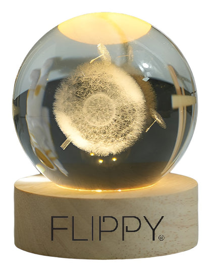 Lampa LED Decorativa, cu Bila de Cristal cu Diametru , Model Papadie 3D, Alimentare USB, Suport din Lemn, Lumina