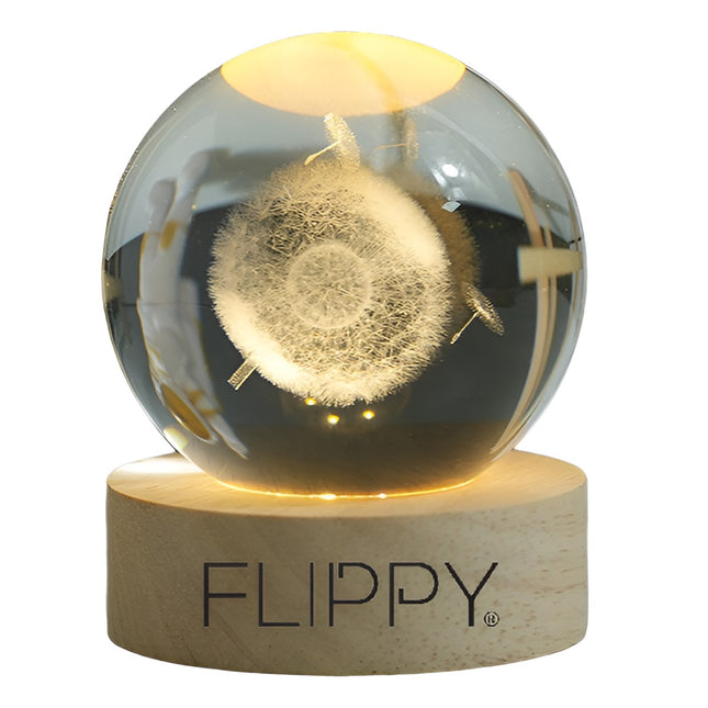 Lampa LED Decorativa, cu Bila de Cristal cu Diametru , Model Papadie 3D, Alimentare USB, Suport din Lemn, Lumina