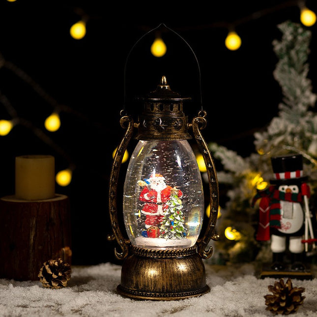 Decoratiune Craciun, Tip Felinar, Figurine Mos Craciun cu Bradul, 3 Moduri, Functie Muzicala, Zapada in Miscare, Functioneaza Cu Baterii ( 3 x AA neincluse), Cablu USB (Inclus), Model Vintage