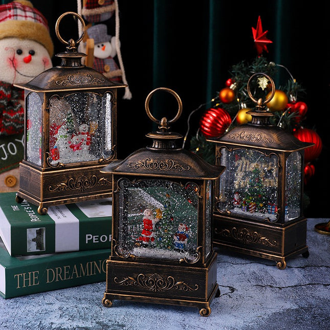 Decoratiune Craciun, Tip Felinar, Figurine Mos Craciun cu Baietel, 3 Moduri, Functie Muzicala, Zapada in Miscare, Functioneaza Cu Baterii ( 3 x AA neincluse), Cablu USB (Inclus), Model Vintage