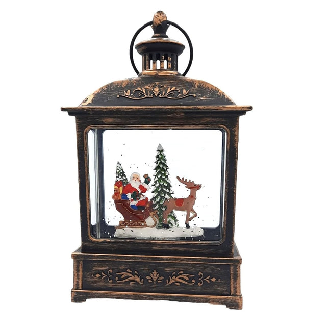 Decoratiune Craciun, Tip Felinar, Figurine Mos Craciun cu Sania, 3 Moduri, Functie Muzicala, Zapada in Miscare, Functioneaza Cu Baterii ( 3 x AA neincluse), Cablu USB (Inclus), Model Vintage