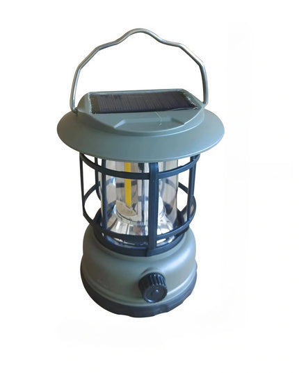 Lampa portabila camping, Felinar Vintage, ABS, Iluminare 30 COB LED, Intensitate reglabila, Acumulator inclus, Incarcare Solara si USB, 5W