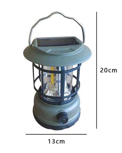 Lampa portabila camping, Felinar Vintage, ABS, Iluminare 30 COB LED, Intensitate reglabila, Acumulator inclus, Incarcare Solara si USB, 5W