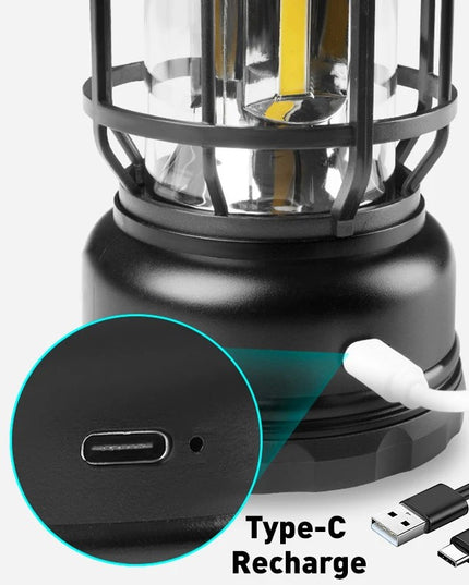 Lampa portabila camping, Felinar Vintage, ABS, Iluminare 30 COB LED, Intensitate reglabila, Acumulator inclus, Incarcare Solara si USB, 5W