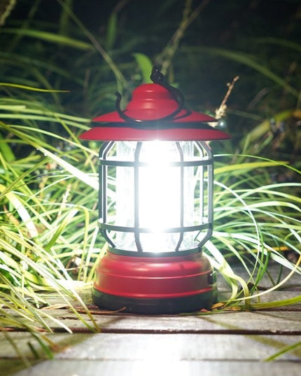 Portable camping light, vintage lantern with hook, ABS, 21 COB LED lighting, adjustable intensity, 5W, reversible, red rechargeable