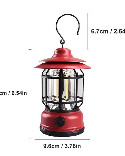 Portable camping light, vintage lantern with hook, ABS, 21 COB LED lighting, adjustable intensity, 5W, reversible, red rechargeable