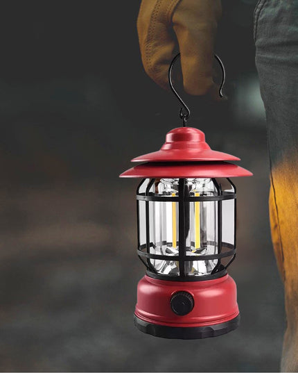 Portable camping light, vintage lantern with hook, ABS, 21 COB LED lighting, adjustable intensity, 5W, reversible, red rechargeable