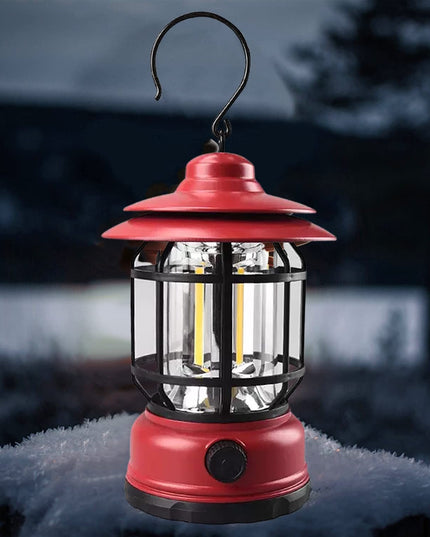 Portable camping light, vintage lantern with hook, ABS, 21 COB LED lighting, adjustable intensity, 5W, reversible, red rechargeable