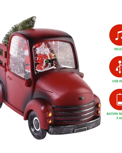 Decoratiune Craciun, Tip Masina, Figurine Mos Craciun cu Bradul, 3 Moduri, Functie Muzicala, Zapada in Miscare, Functioneaza Cu Baterii ( 3 x AA neincluse), Cablu USB (Inclus), Model