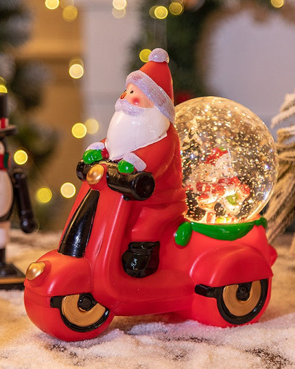 Decoratiune Craciun, Tip Motocicleta, Glob , Figurine Mos Craciun, 3 Moduri, Functie Muzicala, Zapada in Miscare, Functioneaza Cu Baterii ( 3 x AAA neincluse), Cablu USB (Inclus), Model