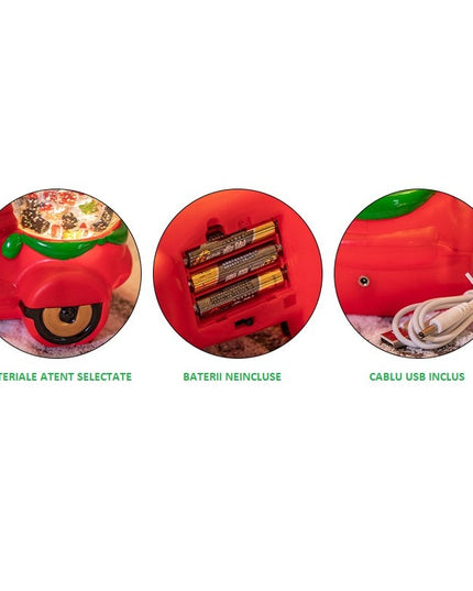 Decoratiune Craciun, Tip Motocicleta, Glob , Figurine Mos Craciun, 3 Moduri, Functie Muzicala, Zapada in Miscare, Functioneaza Cu Baterii ( 3 x AAA neincluse), Cablu USB (Inclus), Model