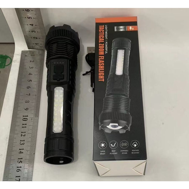 Lanterna LED Telescopica, Incarcare USB, Raza 200 m, 100W, 2 Surse de Lumina, 1200 mAh, Model P50, 16 x 3.8 x 3 cm