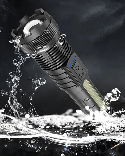 Lanterna LED Telescopica, Incarcare USB, Raza 200 m, 100W, 2 Surse de Lumina, 1200 mAh, Model P50, 16 x 3.8 x 3 cm