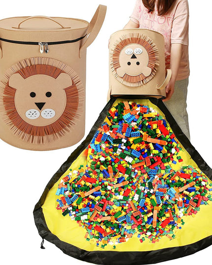 de Depozitare 2In1, Impermeabila, Covor pentru Jucarii si Lego , Capacitate Mare, cu Manere, cu Sfori, Inaltime , Model Leu
