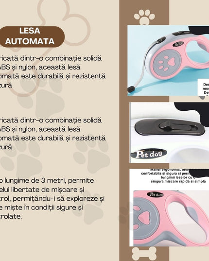 Lesa Automata Retractabila, pentru Caini,20 kg, ABS/Nylon