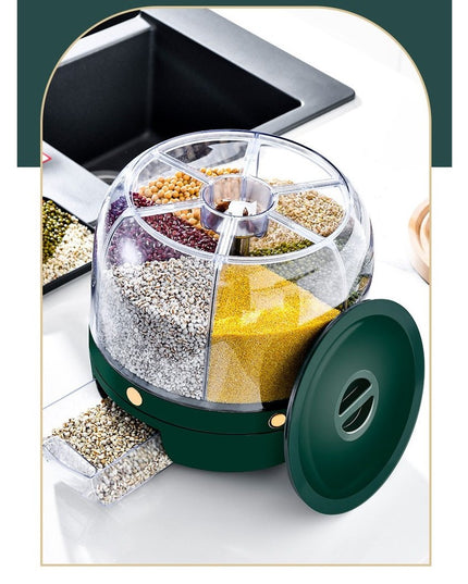 Dozator de cereale rotativ 360, 6 compartimente, capacitate 6 L, rezistent la umezeala, inchidere etansa