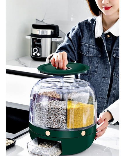 Dozator de cereale rotativ 360, 6 compartimente, capacitate 6 L, rezistent la umezeala, inchidere etansa