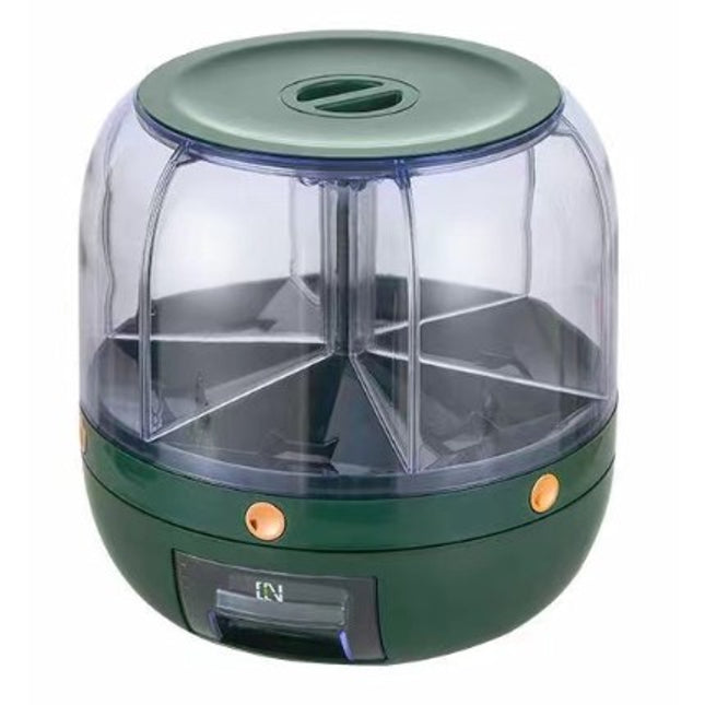 Dozator de cereale rotativ 360, 6 compartimente, capacitate 6 L, rezistent la umezeala, inchidere etansa
