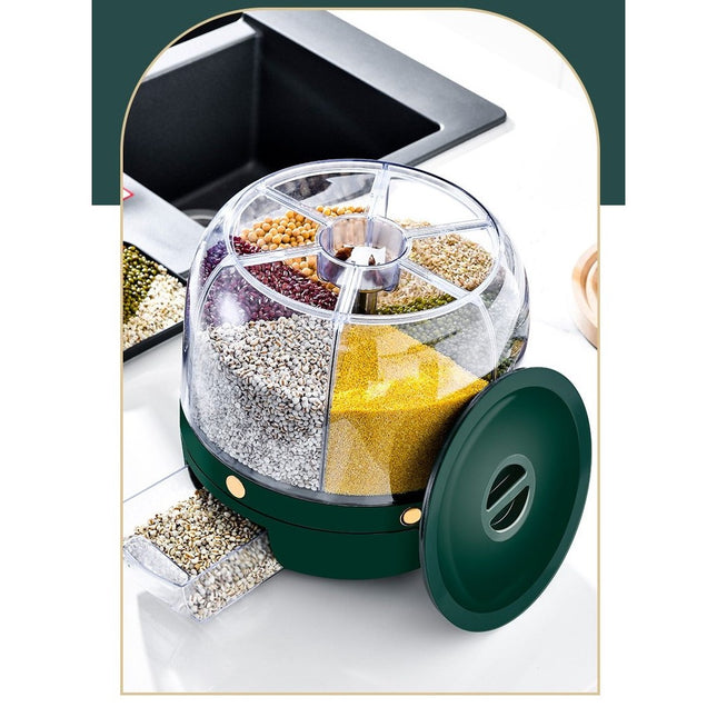 Dozator de cereale rotativ 360, 6 compartimente, capacitate 6 L, rezistent la umezeala, inchidere etansa