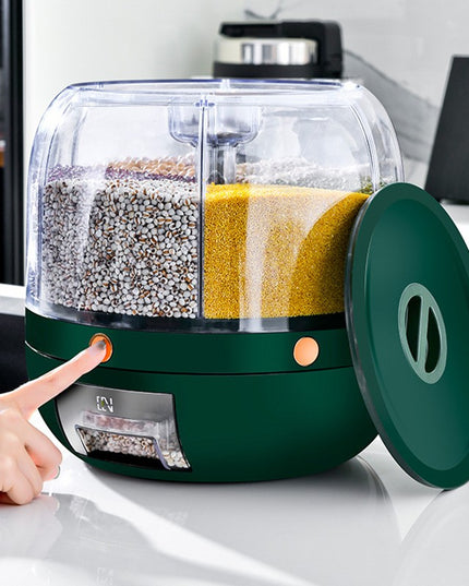 Dozator de cereale rotativ 360, 6 compartimente, capacitate 6 L, rezistent la umezeala, inchidere etansa