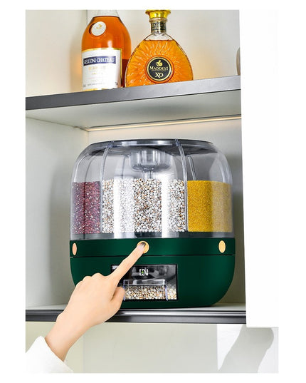 Dozator de cereale rotativ 360, 6 compartimente, capacitate 6 L, rezistent la umezeala, inchidere etansa