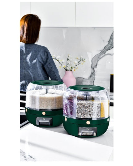 Dozator de cereale rotativ 360, 6 compartimente, capacitate 6 L, rezistent la umezeala, inchidere etansa