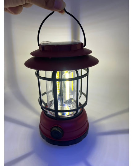 Lampa portabila camping, Felinar Vintage, ABS, Iluminare 30 COB LED, Intensitate reglabila, Acumulator inclus, Incarcare Solara si USB, 5W