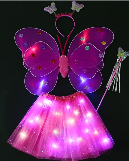 Costum Fluturas cu Aripi Modelabile Luminoase pentru Copii, Fusta din Tul cu Lumini, Bagheta si Bentita, 4 piese, Pentru Halloween, Roleplay, Craciun, Carnaval, Paste, Ziua Copilului, Bumbac/Poliester, Marime universala
