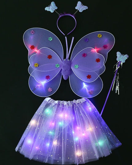 Costum Fluturas cu Aripi Modelabile Luminoase pentru Copii, Fusta din Tul cu Lumini, Bagheta si Bentita, 4 piese, Pentru Halloween, Roleplay, Craciun, Carnaval, Paste, Ziua Copilului, Bumbac/Poliester, Marime universala