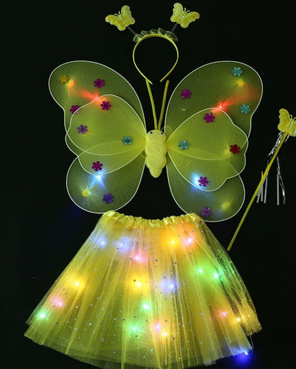 Costum Fluturas cu Aripi Modelabile Luminoase pentru Copii, Fusta din Tul cu Lumini, Bagheta si Bentita, 4 piese, Pentru Halloween, Roleplay, Craciun, Carnaval, Paste, Ziua Copilului, Bumbac/Poliester, Marime universala