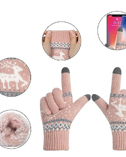 Manusi de Dama, Model Ren, Functie Touchscreen (ecran tactil), Material Acril Tricotat, Manseta Elastica, Interior Catifelat, Marime Universala