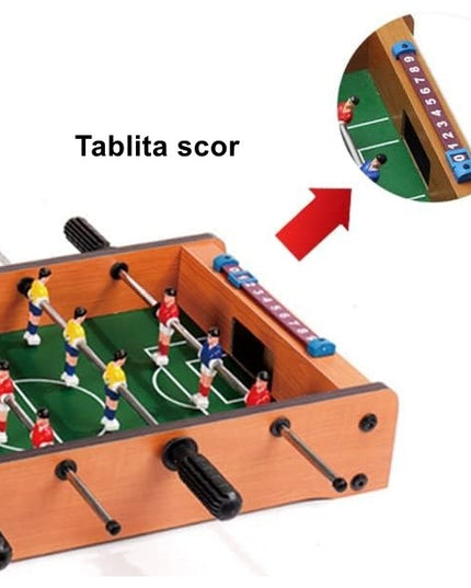 Masa de fotbal cu teren si 12 jucatori cu tablou pentru scor, din metal, lemn si ABS, 34.5 x 23 x 7 cm, pentru copii
