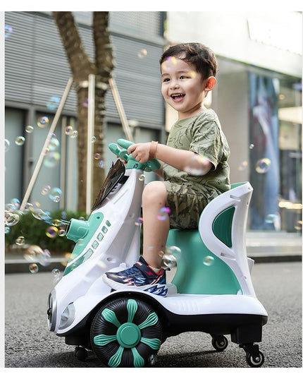 Masinuta electrica cu telecomanda pentru copii, roti spate rotire 360, curea siguranta, baloane de sapun, lumini si sunete, self control si prin telecomanda, cu pedale de acceleratie si frana