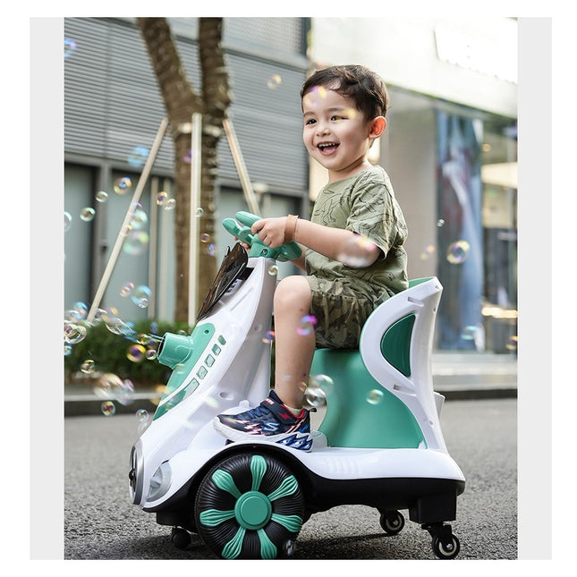 Masinuta electrica cu telecomanda pentru copii, roti spate rotire 360, curea siguranta, baloane de sapun, lumini si sunete, self control si prin telecomanda, cu pedale de acceleratie si frana