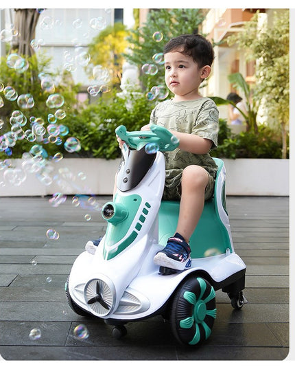 Masinuta electrica cu telecomanda pentru copii, roti spate rotire 360, curea siguranta, baloane de sapun, lumini si sunete, self control si prin telecomanda, cu pedale de acceleratie si frana
