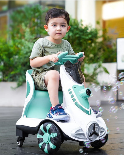 Masinuta electrica cu telecomanda pentru copii, roti spate rotire 360, curea siguranta, baloane de sapun, lumini si sunete, self control si prin telecomanda, cu pedale de acceleratie si frana