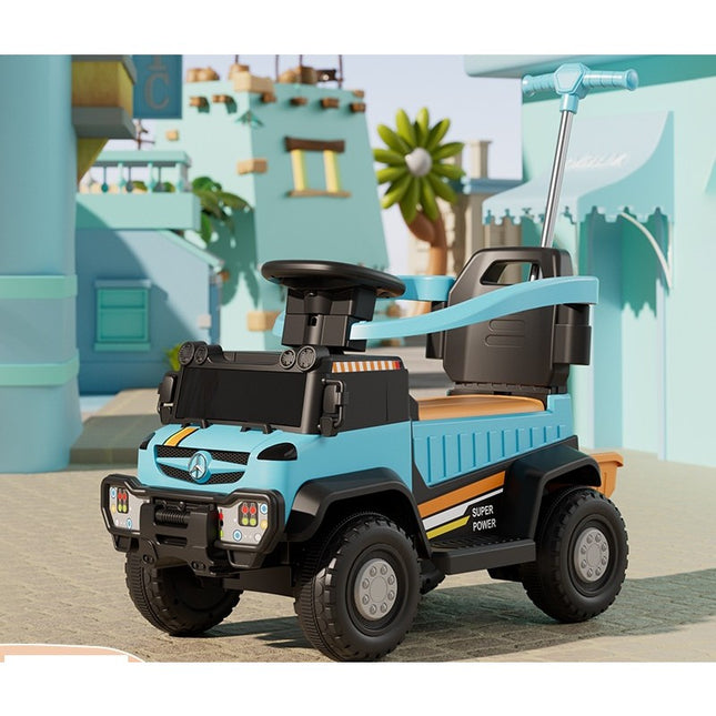 Masinuta Electrica, pe 4 Roti, cu Telecomanda si Maner Detasabil, Cos de Depozitare, Lumini Led si Muzica, +1 an, Greutate Portanta 40 kg