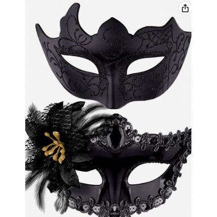 2 Masti de Cuplu, pentru Carnaval, Bal Mascat, Marime Universala, Model Floare Laterala si Margele, Model Clasic