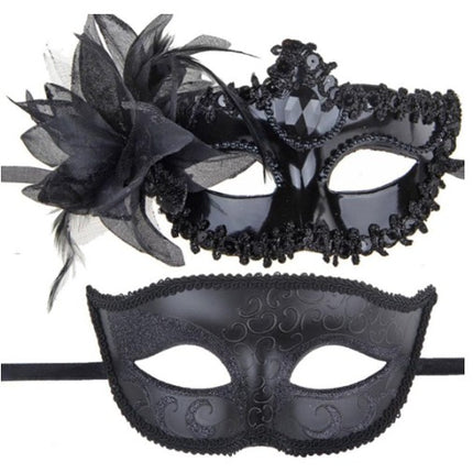 2 Masti de Cuplu, pentru Carnaval, Bal Mascat, Marime Universala, Model Floare Laterala si Margele, Model Clasic