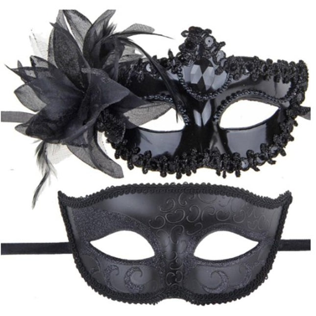 2 Masti de Cuplu, pentru Carnaval, Bal Mascat, Marime Universala, Model Floare Laterala si Margele, Model Clasic