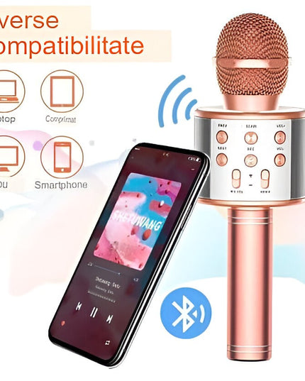 Microfon Karaoke, pentru Copii, Bluetooth, Boxa Incorporata, Compatibil cu Orice Smartphone, Acumulator Integrat, Multifunctional, Rose Gold