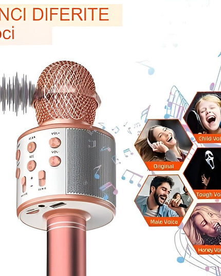 Microfon Karaoke, pentru Copii, Bluetooth, Boxa Incorporata, Compatibil cu Orice Smartphone, Acumulator Integrat, Multifunctional, Rose Gold